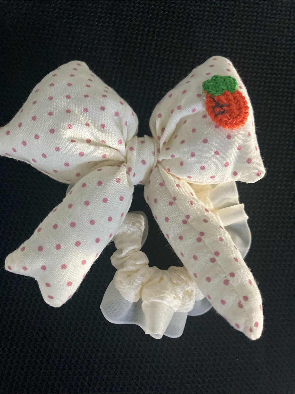 Cream Polka Dot Bow Scrunchie with Orange Pumpkin Detail - Kids Accessories